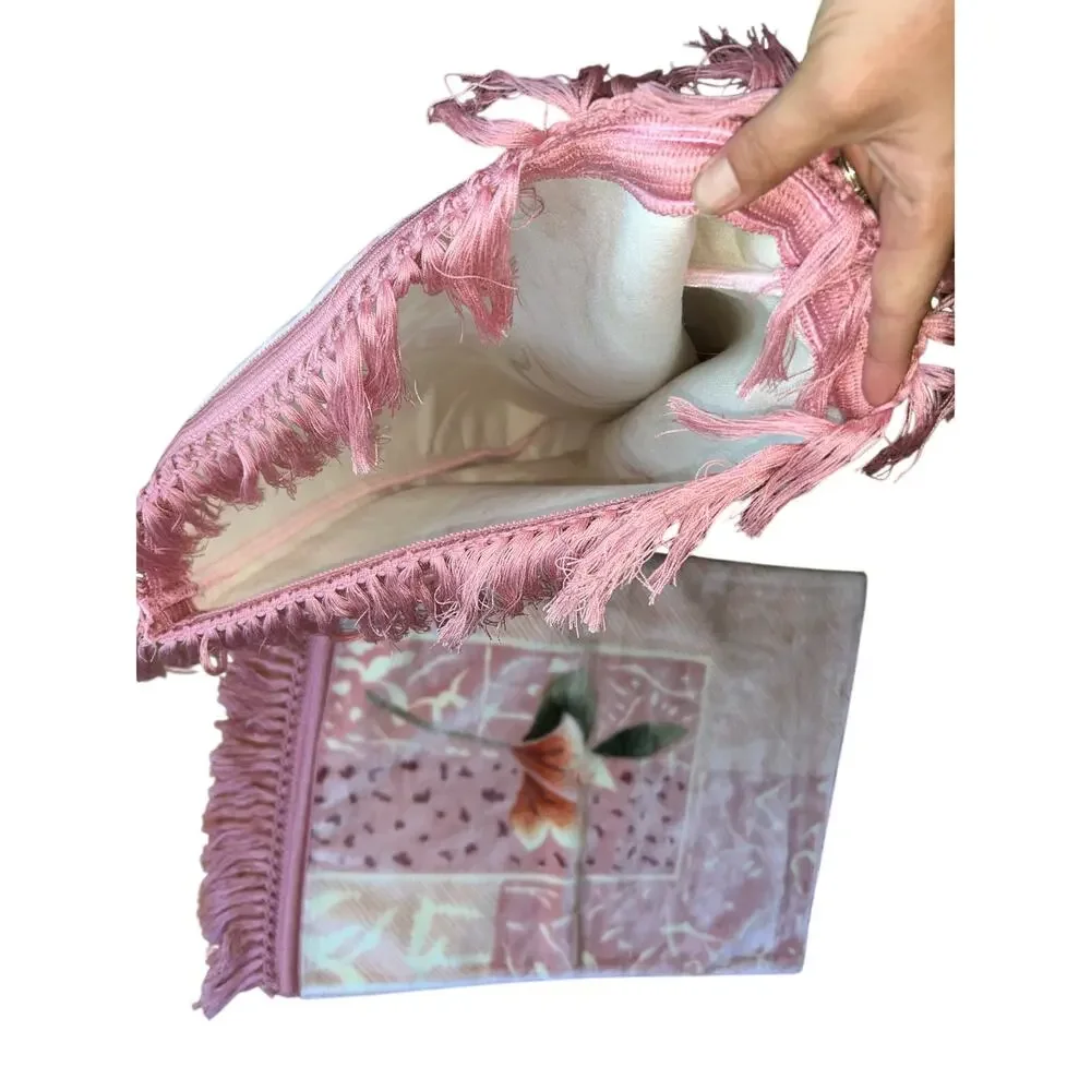 2 Vintage Korean minky blanket pillow shams fringe pink roses